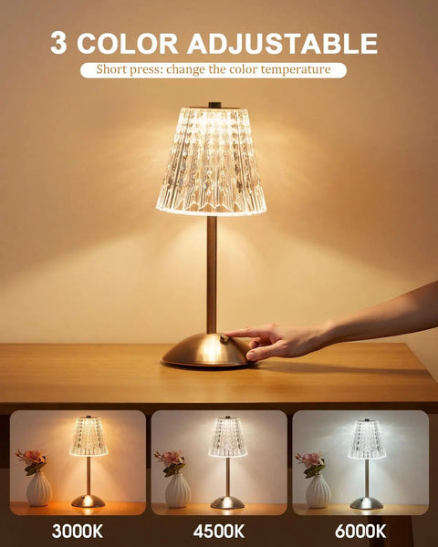 Cordless Crystal Lamp With Color Changing Touch Control on wooden table, showing three adjustable color temperatures.