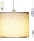 Slick Adjustable Plug In Pendant Light With Authentic Beige Linen Shade, featuring a dimmer switch and E26 base.