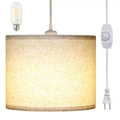 Slick Adjustable Plug In Pendant Light With Authentic Beige Linen Shade, featuring a dimmer switch and E26 base.