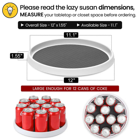12 Inch Non Skid Turntable Lazy Susan Organizer 4 Pack For Cabinet Countertop Pantry Fridge Vanity And Under Sink Storage Spinning Rack For Spice Jars Cans And Grab And Go Essentials showing dimensions and 12 cans capacity