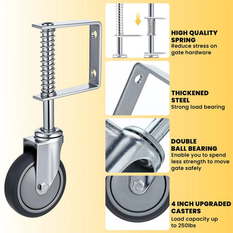 Heavy Duty Gate Wheel Spring Loaded Casters 4 Inch Sliding Gate Wheels For Wooden Gates And Metal Tube Gates with features