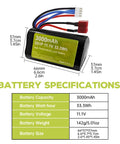 11.1V 3000mAh 15C 3S Li Ion Battery With T Plug And USB Charger For R608 2104 Brushless RC Boat And 210E 200E High Speed RC Car Fits Most RC Vehicles, shown with dimensions and specs