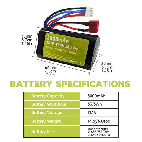 11.1V 3000mAh 15C 3S Li Ion Battery With T Plug And USB Charger For R608 2104 Brushless RC Boat And 210E 200E High Speed RC Car Fits Most RC Vehicles, shown with dimensions and specs