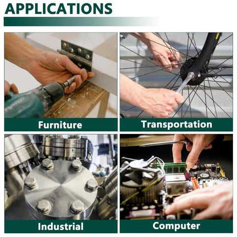 Fender washer set, 520 pcs, 304 stainless SAE/metric flat washers; collage shows furniture, transportation, industrial, computer uses.