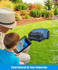 Person using tablet to control Smart Robotic Lawn Mower For Quarter Acre Yards With App Control Adjustable Cutting Height