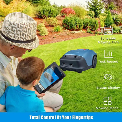 Smart Robot Lawn Mower For A Quarter Acre With App Control And Auto Charging shown with app display in garden