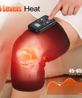 Person using Cordless Knee Massager With Heat And Vibration, showing 5 heat levels and remote control, for pain relief.