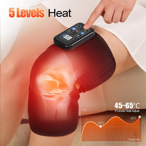 Person using Cordless Knee Massager With Heat And Vibration, showing 5 heat levels and remote control, for pain relief.