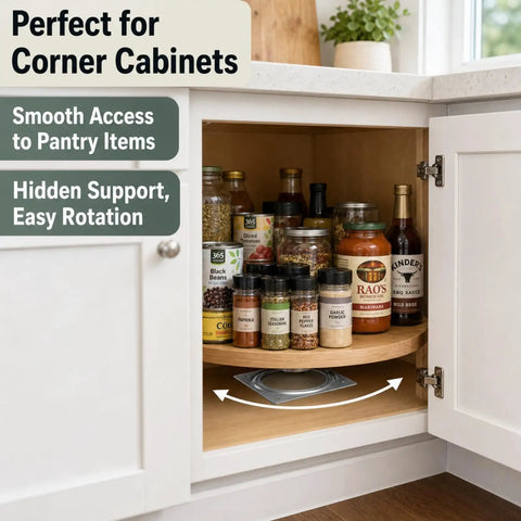 6 Inch Lazy Susan Hardware Kit 8 Pack in kitchen cabinet, showing smooth rotating wood base with spices and jars