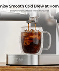 Top Shelf One Touch Espresso Machine With Smooth Milk Frother And Instant Cold Brew Maker pouring cold brew over ice.