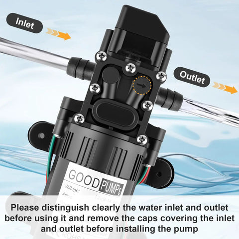 Heavy Duty 12 Volt Dc Diaphragm Water Pump With Hose Clamps For Rv Camper Marine And Utility Work showing inlet and outlet ports.