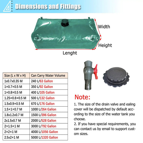 Dimensions of Collapsible Outdoor Water Storage Bag For Garden Farm And Livestock Use, Green PVC Water Bladder Tank