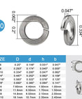Set Of 100 No 10 Split Lock Washers For Rugged Jobs, 304 Stainless Steel With Silver Finish, dimensions diagram shown