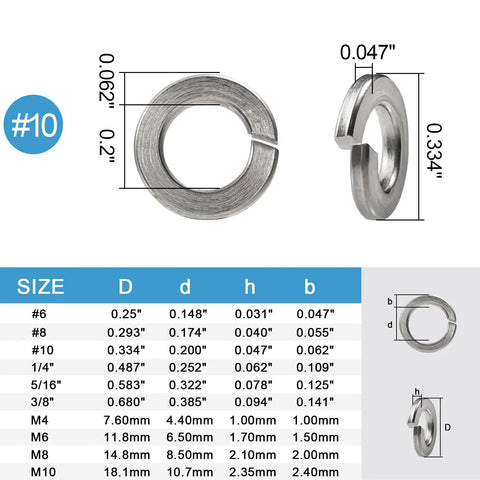 Set Of 100 No 10 Split Lock Washers For Rugged Jobs, 304 Stainless Steel With Silver Finish, dimensions diagram shown