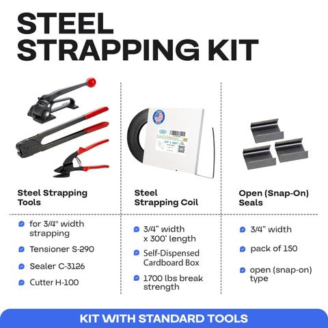 Beefed-Up Heavy Duty Steel Strapping Kit With 3/4 Inch By 300 Foot Coil, 1700 Lbs Break Strength, Includes 150 Open Seals