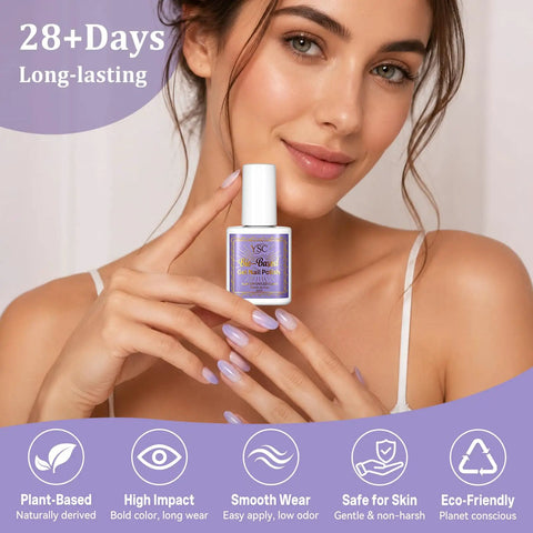 Woman holding bottle of Bio Based Pearl Gel Nail Polish Set With Six Iridescent Shimmer Shades For DIY Home Manicure And Nail Art