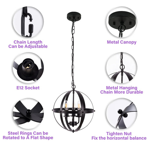 Vintage Pendant Light With Farmhouse Rustic Style Vibe, 3 Light Adjustable Hanging Fixture, Black Metal Spherical Shade