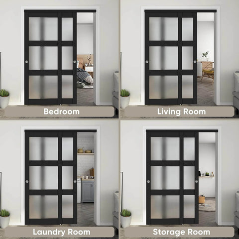 60 By 80 Inch Bypass Sliding Closet Door With Frosted Glass Three Lite Panels shown in bedroom, living room, laundry, storage room