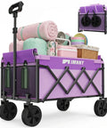 Purple Collapsible Wagon Cart With Wheels Heavy Duty Folding Utility Cart 220 Lb Capacity Portable Grocery Cart loaded with supplies