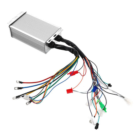 Rugged Rock Solid 1500W Brushless Motor Controller For 48V Or 60V E Bikes And Electric Trikes, aluminum housing with colorful wires.