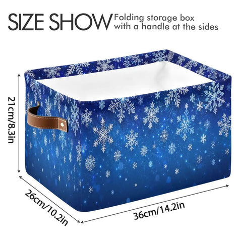 Dang Cool Canvas Storage Basket With Sparkly Winter Snowflake Pattern heavy duty foldable bin with tough leather handles.