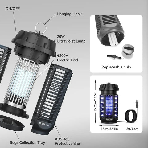 Outdoor And Indoor Bug Zapper With Replaceable 20W Bulb 4200V Mosquito And Fly Killer For Half Acre Coverage shown with parts labeled