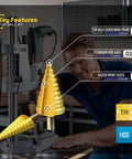 Professional Grade Step Drill Bit Set For Metal In Titanium HSS High Speed Steel Heavy Duty Unibit Kit With Twenty Three Sizes from Quarter Inch to One And Three Eighths Inch Built Tough Metalworking Drill Bits, showing step drill bit with key features labeled in workshop setting.