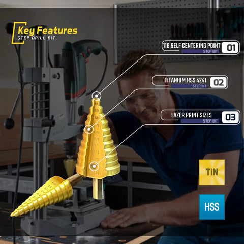 Professional Grade Step Drill Bit Set For Metal In Titanium HSS High Speed Steel Heavy Duty Unibit Kit With Twenty Three Sizes from Quarter Inch to One And Three Eighths Inch Built Tough Metalworking Drill Bits, showing step drill bit with key features labeled in workshop setting.
