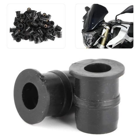 Close-up of Super Tough M5 Rubber Nuts For Motorcycle And Atv Windscreen Fairing Fasteners, 5mm grommets with brass inserts.