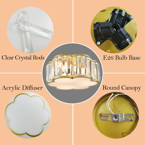 Glow Up Your Space With A Luxe Crystal Flush Mount Ceiling Light showing parts: clear crystal rods, E26 bulb base, acrylic diffuser