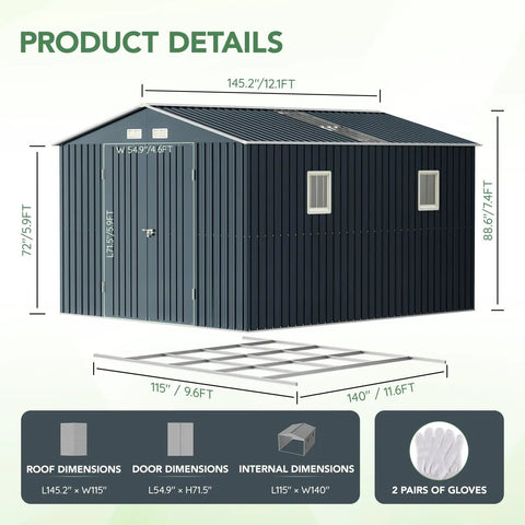 Stainless Steel Frame Floor For 10x12 Foot Outdoor Storage Shed Durable Weather Resistant Easy To Install Built To Last For 10x12 Sheds 9.6 By 11.7 Inch Size Beefy Enough For Rough Backyards shown below a grey shed with gloves nearby.