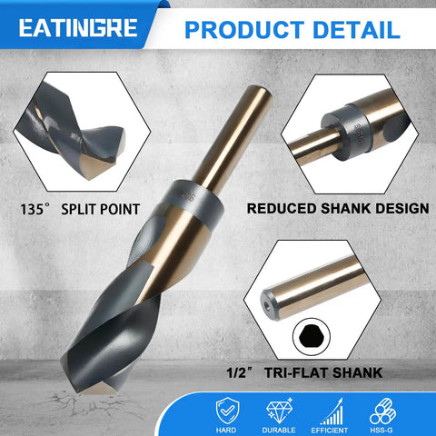 Pro Grade One Inch Drill Bit With Smooth Insert Half Inch Reduced Shank Heavy Duty High Speed Steel 135° split point for precision drilling.
