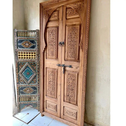 Hand Carved Barn Door In Natural Brown Finish Customize Your Size Double Sliding Or Single Hinged Interior Exterior Front Door Antique Modern Style Made To Order No Glass Or Hardware Included, ornate carvings, standing vertically