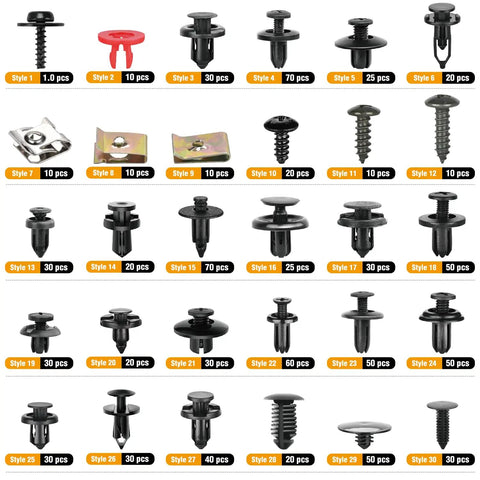 Must Have 941Pcs Car Retainer Clips And Auto Body Fasteners Kit showing 30 styles of nylon bumper fender rivets and cable ties