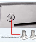 Close-up of anti-bounce screw in Stainless Steel Glass Door Hinge For Cabinets And Showers Clip In Mount Fits 8 To 12 Mm Thick Glass