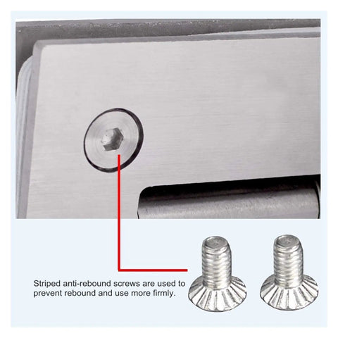 Close-up of anti-bounce screw in Stainless Steel Glass Door Hinge For Cabinets And Showers Clip In Mount Fits 8 To 12 Mm Thick Glass