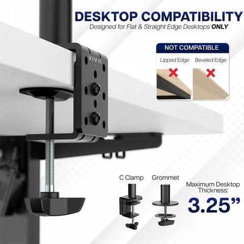 Rock Solid Dual Monitor Desk Mount For 13 To 30 Inch Screens Up To 22 Lbs Each, Heavy Duty Steel Arm With C Clamp Or Grommet, Black STANDV002