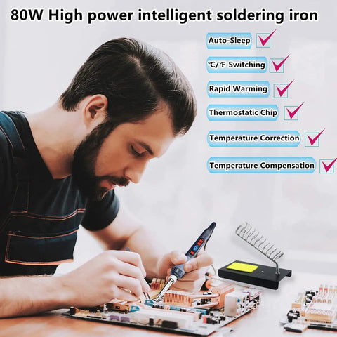 Man using 80W LCD Digital Soldering Iron Kit With Adjustable Temperature 180C 500C Fast Heat Soldering Gun 15 In 1 Pro Tools