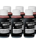 Front view: six 1 oz oil-based dye bottles with white caps; Tracer UV fluorescent white dye.