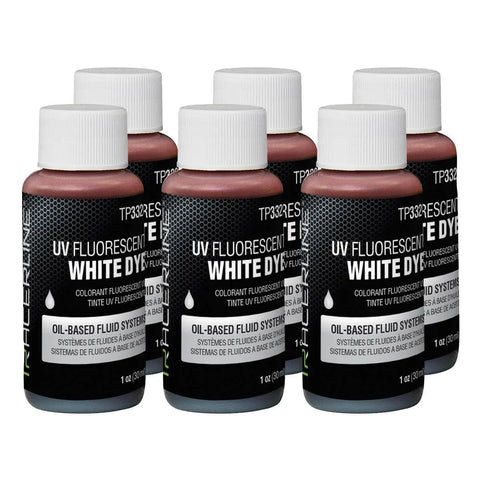 Front view: six 1 oz oil-based dye bottles with white caps; Tracer UV fluorescent white dye.