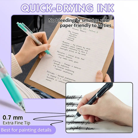 DIY Gel Pens With Cute Stickers Six Pack 0.7mm Black Ink Smooth Writing for note taking on clipboard, focused on quick-dry ink.