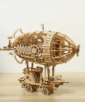 3D Wooden Airship Puzzle Kit For Adults And Teens Brain Teaser DIY Wood Model on a wooden table, side view