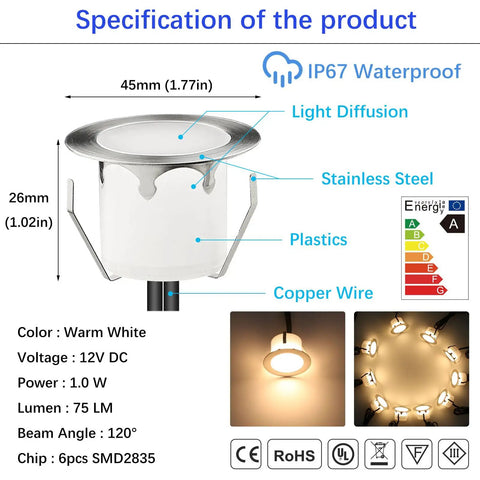 LED Outdoor Deck Light Kit 20 Pack Waterproof IP67 12V Low Voltage Recessed Stair Step Lighting With Warm White Diffusion Silver Finish Specifications