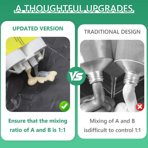 Comparison of updated epoxy glue with 1:1 mix ratio and traditional glue, showcasing Heavy Duty Workhorse Metal Repair Epoxy Glue 1.76 Oz.