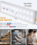 Diagram of USB Rechargeable Motion Sensor Closet Light 3 Pack with modes and size details for various home settings.