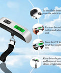 110 Pound Luggage Weight Scale With Four Unit Switching And LED Display shown with operational steps and digital screen in use.