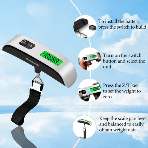 110 Pound Luggage Weight Scale With Four Unit Switching And LED Display shown with operational steps and digital screen in use.