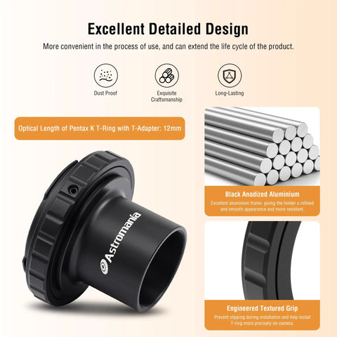 Black anodized aluminum 1.25 Inch T-Adapter and T Ring for Pentax K SLR DSLR, Universal Telescope Photo Attachment for precision.