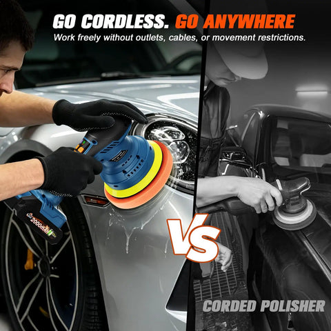 Cordless Dual Action Car Buffer Polisher With 8 Speeds And Two 21V Batteries polishing car next to corded polisher comparison