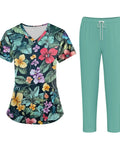 Ultra Comfy Women Nursing Scrubs Set Buttery Soft Stretch Joggers With Deep Pockets Anti Wrinkle Medical Work Uniform Top In Green floral tee and solid joggers